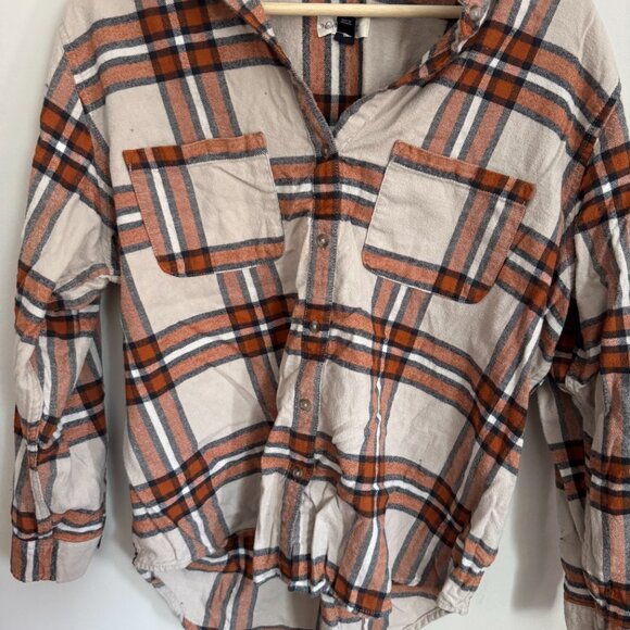 Universal Thread Beige and Orange Plaid Button-Up Shirt - Size Large - Picture 2 of 3